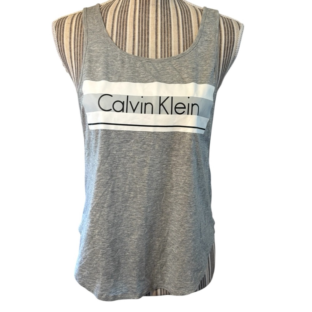 Calvin Klein Tank Small Gray CK Logo White Stripe Scoop Neck Loose Fit Stretch
